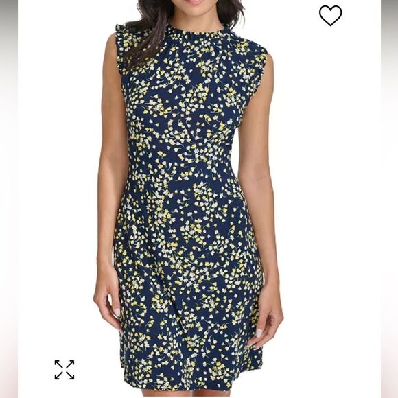Tommy Hilfiger Women's Blue Yellow Ditsy Floral-Print Round-Neck Dress SZ 8 - Picture 1 of 8